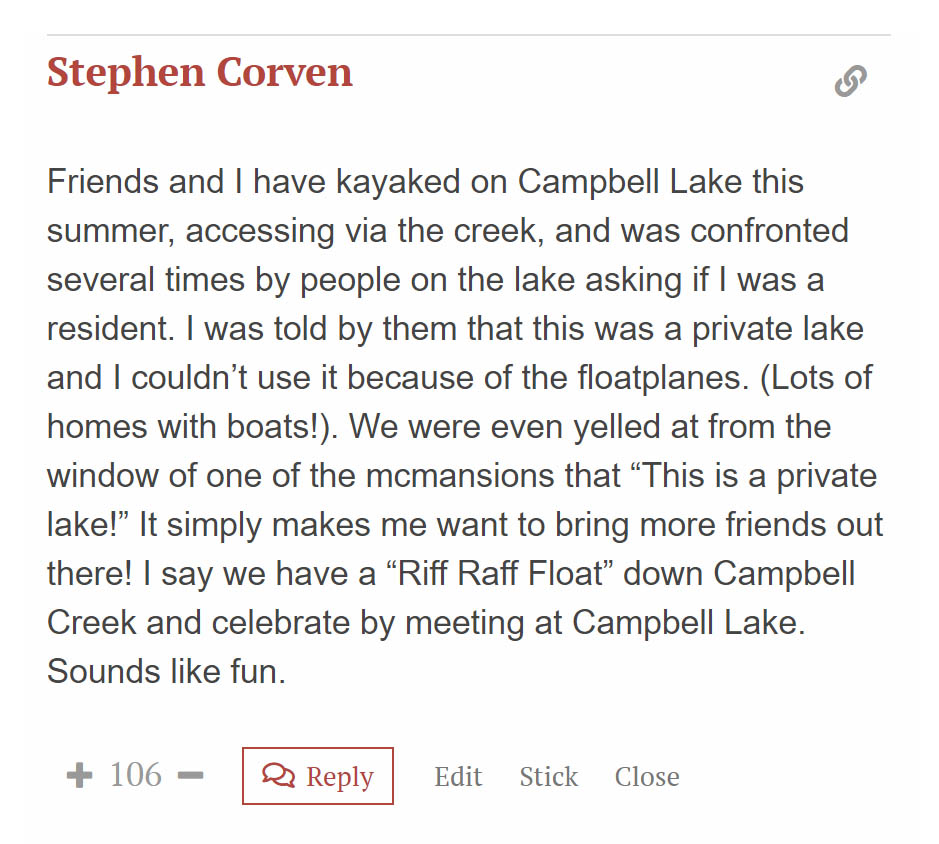 Comment on Alaska Landmine article alleging harassment on Campbell Lake