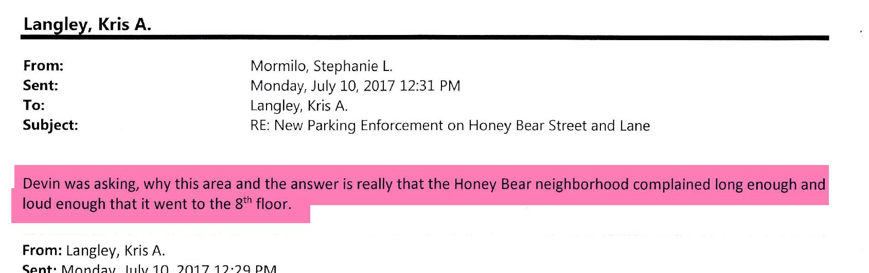 Email regarding Honey Bear Lane