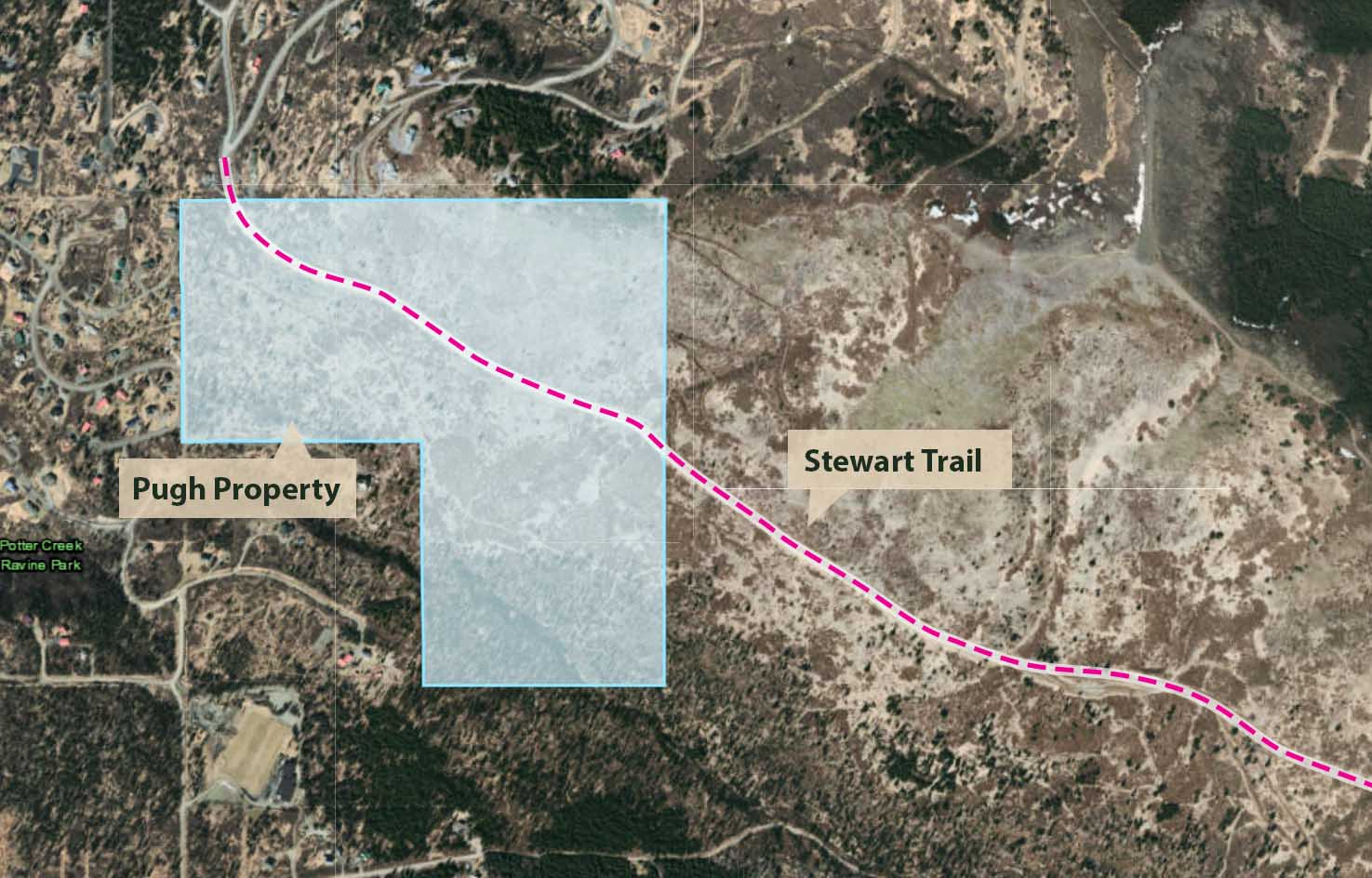 Map showing Pugh Property, Pugh Gate, and Stewart Trail