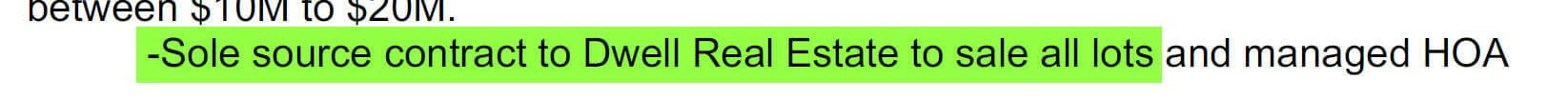 Excerpt of Grace Pleasants' January 3, 2023 letter to the HCC, claiming that the sale of lots in Holtan Hills had been awarded via a sole source contract