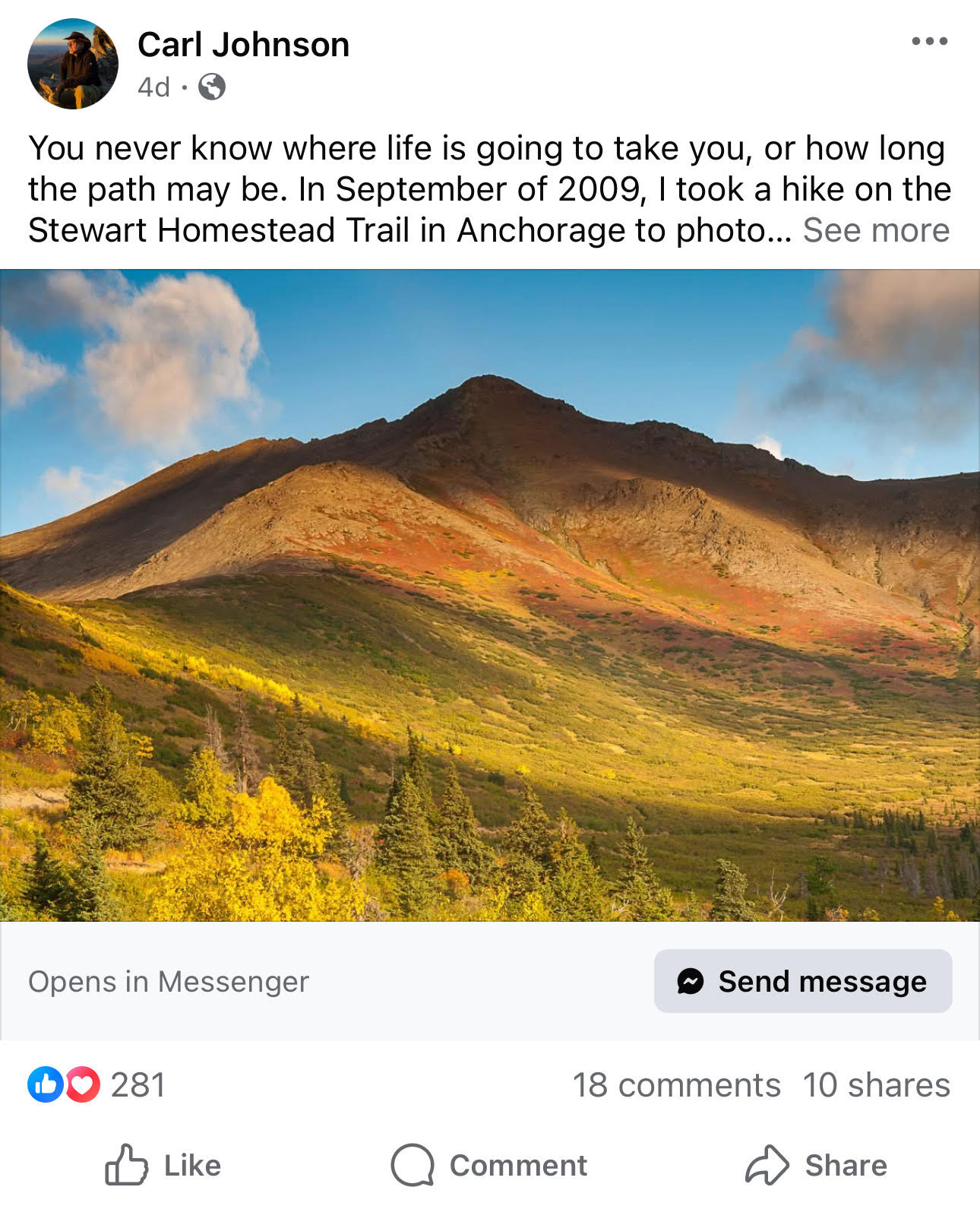 Carl Johnson Facebook photo and post regarding the Stewart Trail